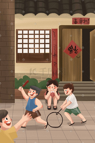 六一儿童画夏天图片素材_儿童记忆旧时代童年游戏老房子夏天六一