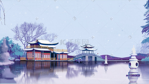 大寒唯美杭州西湖雪景插画画面