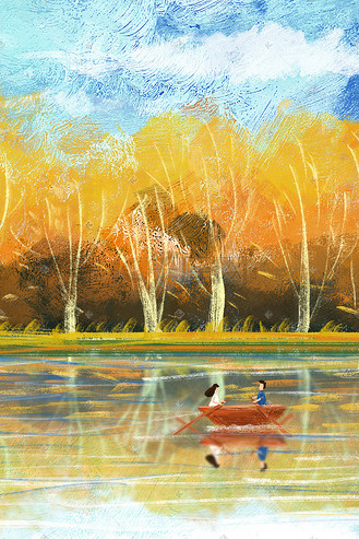 秋天游湖划船风景油画天空蓝天云背景