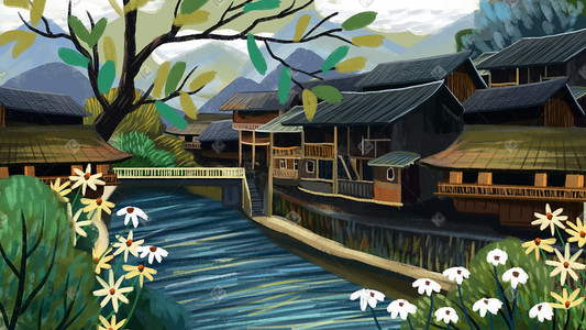 房子背景插画图片_湘西风景手绘背景