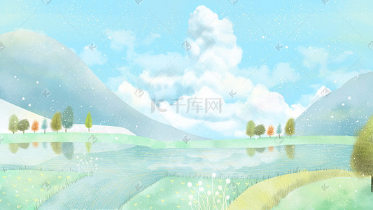 白云简约插画图片_治愈唯美田野白云小溪蒲公英美景