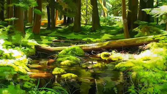 电脑壁纸流水发财插画图片_绿色系梦幻唯美童话风森林小溪流水树林草地