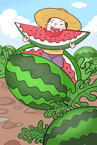 立夏吃插画图片_绿色系卡通手绘风立夏吃西瓜配图