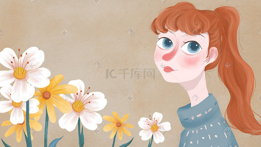 活跃插画图片_扎马尾的捧花少女