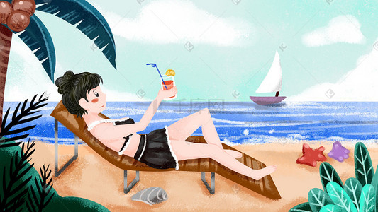 夏季沙滩休闲度假女孩插画