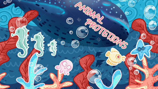 生物插画图片_环保保护海洋野生动物生物