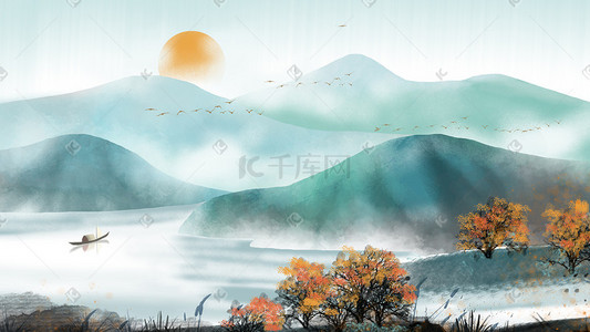 彩色水墨风景插画图片_中国风水墨山水背景