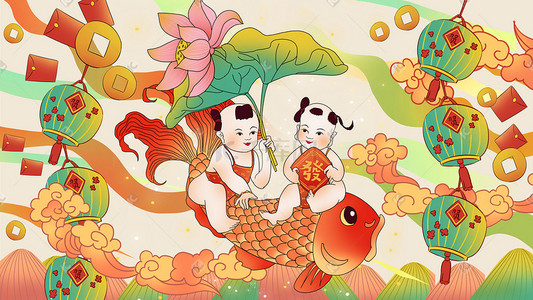 中国如意插画图片_春节热闹年画娃娃