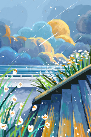 蓝色渐变手绘插画-蓝色渐变手绘配图-千库网