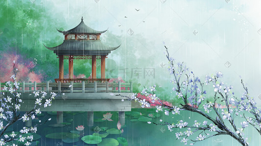 狂暑夏季插画图片_中国风雨季山水夏季凉亭白玉长廊古风场景