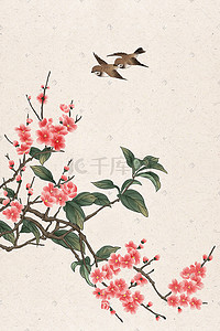 桃花节插画图片_中国风工笔桃花和飞鸟