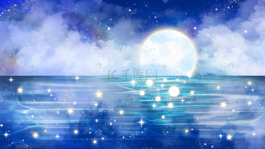 月亮星星蓝色插画图片_唯美治愈大海海面月亮月球星空水平面