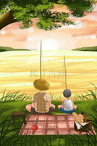 关于戒钓鱼的插画图片_夏天夏季父子钓鱼小清新治愈大暑节气