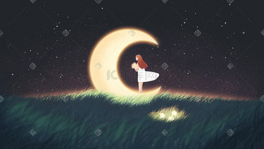 出暑插画图片_夏天夜晚星空下摘星星的女孩