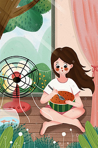 处暑节气女孩吃西瓜