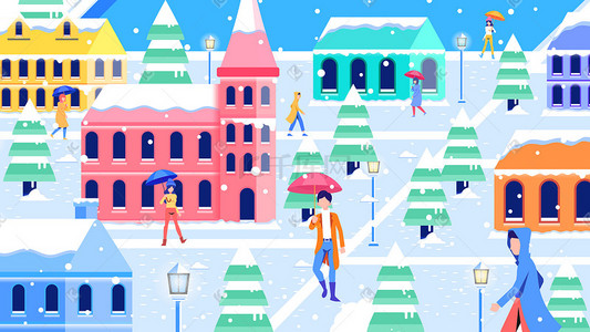 扁平圣诞礼物插画图片_冬季雪景圣诞节城市建筑庆祝手机页面配图圣诞