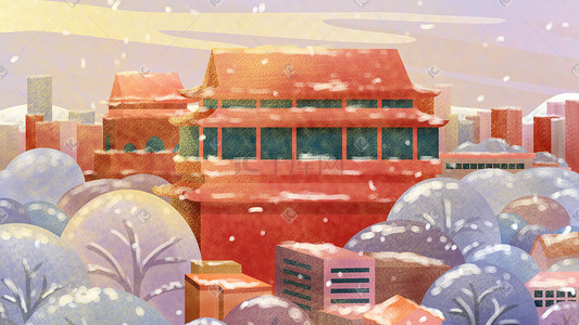 楼房房屋插画图片_冬天冬季古代建筑下雪大雪小雪