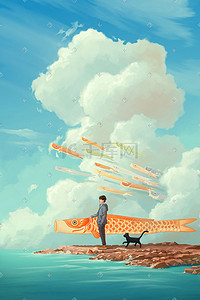 天空海滩插画图片_春天海天空蓝天云少年鲤鱼旗猫风景背景