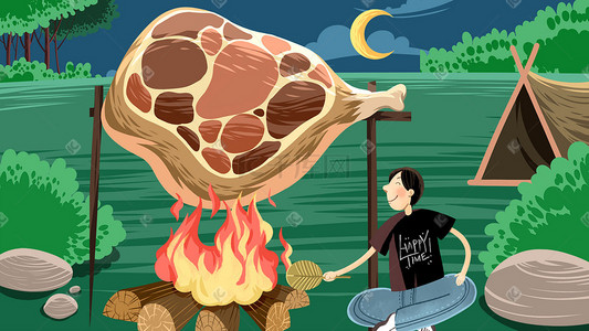 水浒烤肉插画图片_绿色系卡通手绘风美食烧烤配图
