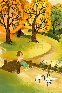 唯美温馨背景插画图片_秋天女孩在小溪边玩落叶唯美温馨风格背景