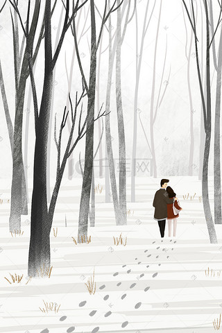 大寒插画图片_大寒主题之情侣树林中散步