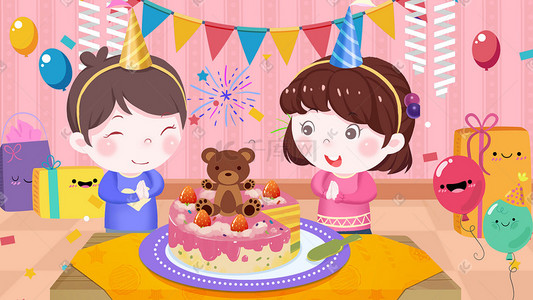 生日祝福生日派对插画图片_生日生日快乐蛋糕 聚会派对孩子