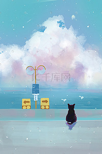 猫风景插画图片_治愈 唯美 冷淡风 海边 猫咪 风景