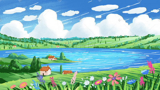 夏日乡下湖边环境房屋子风景