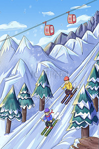 儿童运动插画图片_冬季雪景滑雪场景