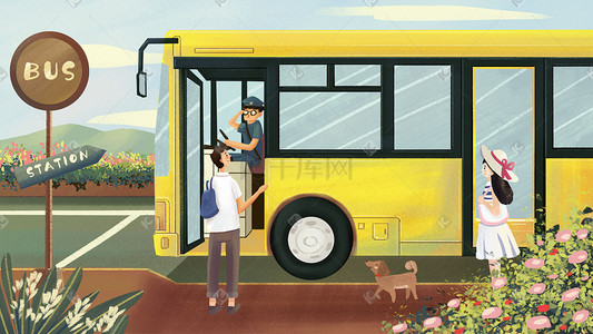 暑假游学卡插画图片_交通工具之公交车场景