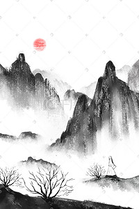 山水水墨古风背景插画图片_中国风水墨山水风景插画背景