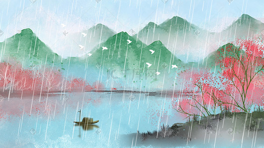 节气雨水背景插画图片_中国风春天春季雨水水墨背景