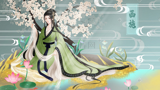 唯美花树插画图片_唯美古风四大美人西施繁花侍女图