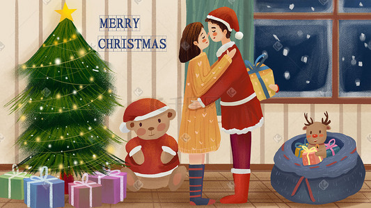 平安夜海报插画图片_圣诞主题之情侣之间的幸福圣诞夜圣诞