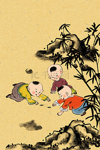 儿童折纸背景插画图片_黄色系古风中国风水墨竹子山丘儿童背景