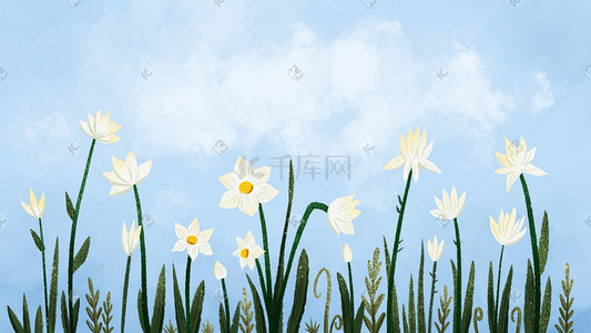 小花朵蓝色插画图片_天空下的白色花朵