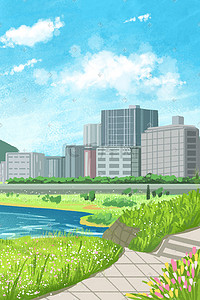 建筑天空插画图片_夏日城市建筑有植物湖水风景