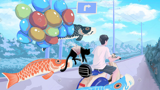 闹市骑车插画图片_治愈系骑车带着猫去秋游的少年