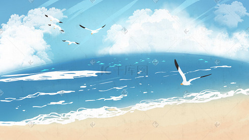 夏天清新唯美海沙滩海浪天空蓝天云插画背景