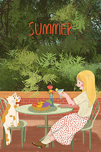 夏日聚会海报插画图片_夏日绿色阔叶灌木丛女生和猫的聚会配图