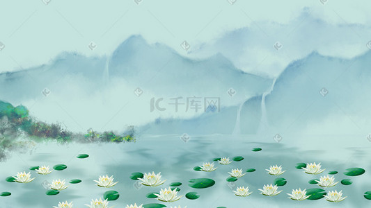 荷叶中国风插画图片_蓝色系中国风古风山脉湖面莲花背景