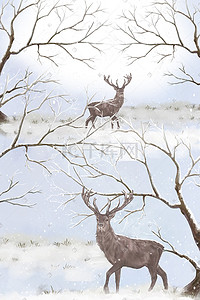 雪天风景插画图片_冬至大雪冬季麋鹿森林下雪风景