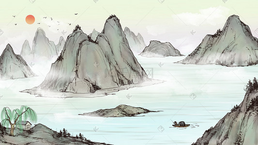 山河插画图片_中国风水墨背景水墨山河风景远景