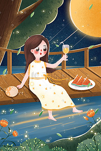 夏天乘凉吃西瓜插画图片_小清新夏天的夜晚女孩乘凉吃西瓜