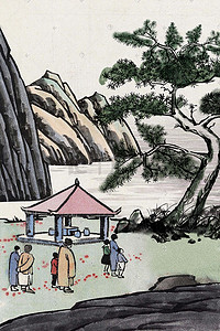 人群人群插画图片_古风中国风水墨山脉人群松树背景