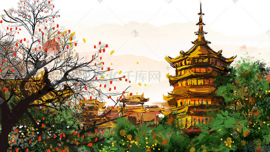 风中树木插画图片_暖色系中国风古风大气古建筑山脉花丛背景