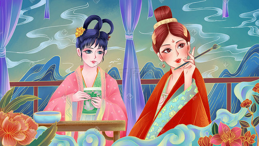 古代中国风人物手绘插画图片_古代女子日常学习手绘插画