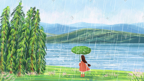 雨水主题油画风格风景图