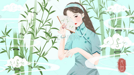 森林清新系插画图片_春天清新淡雅竹子唯美少女手绘风格插画