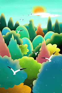 沙滩风插画图片_蓝色系卡通手绘风夏景森林鸟儿配图